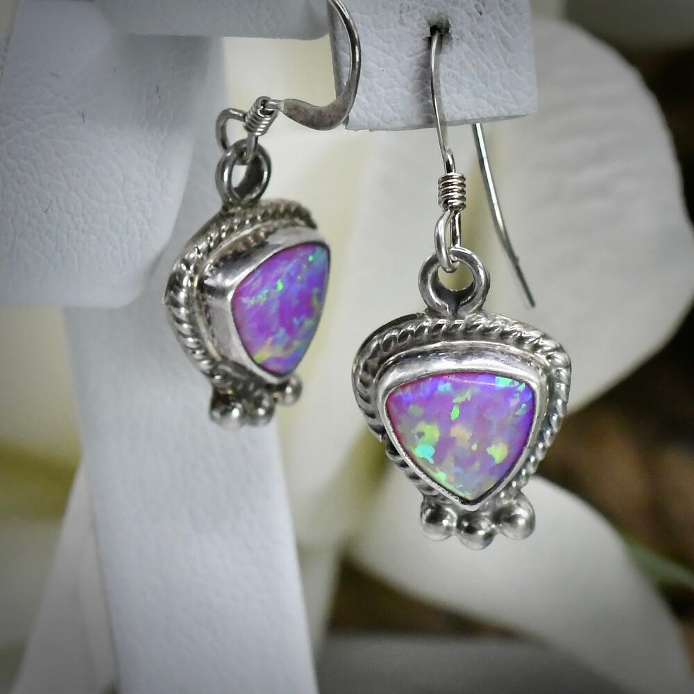 Running Bear RB Navajo Sterling Silver Pink Lab Opal Earrings Southwest Artisan
